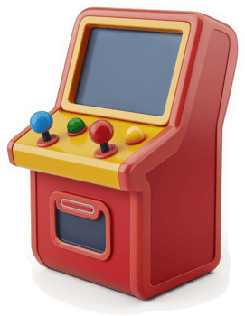 Retro arcade game console with colorful buttons and screen. png