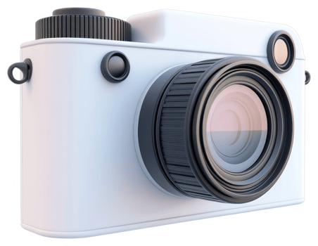 Modern, minimalist digital camera design, rendered in white. png