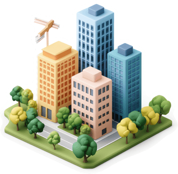 Colorful city skyline with construction elements. png