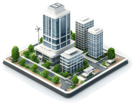 Urban cityscape depiction of modern commercial buildings. png