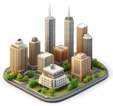 Urban cityscape model showcasing numerous high-rise buildings. png