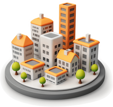 Urban cityscape miniature model, displaying various buildings. png