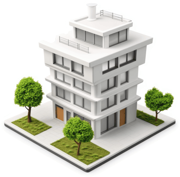 Modern apartment building with landscaping, rendered in isometric view. png