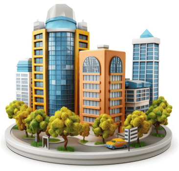 Urban cityscape model depicts modern buildings and green spaces. png
