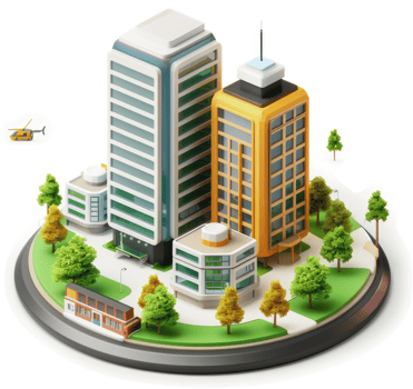 Modern city buildings nestled in a park-like urban setting. png