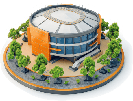 Modern arena complex with surrounding landscaping. png