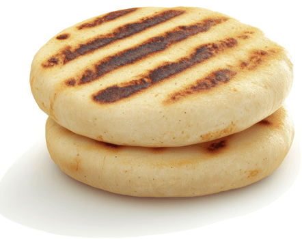 Two grilled arepas, golden brown and stacked. png