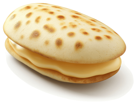 Oval-shaped, golden-brown sandwich cookie filled with creamy yellow cheese. png