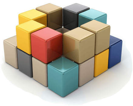 Multi-colored cubes arranged in a complex, symmetrical structure. png