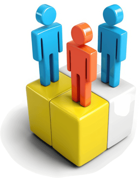 Three figures stand atop interlocking blocks of different colors. png