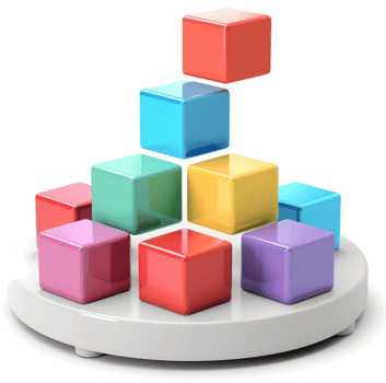 Colorful cubes stacked in a pyramid shape on a circular base. png