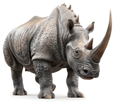 Gray rhinoceros, majestic and powerful, stands in profile view. png