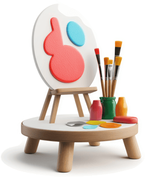 Colorful art supplies arranged on a wooden easel, showcasing creativity. png