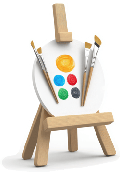 a Colorful paints and brushes on a small wooden easel png