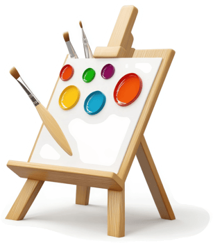 Colorful paints and brushes on a miniature wooden easel. png