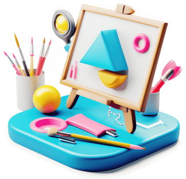 Colorful artistic supplies arranged on a stylized easel. png