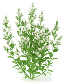 Dense cluster of small white flowers on leafy green stems. png
