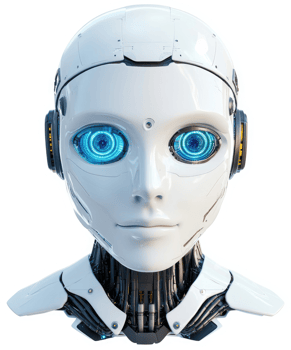 Close-up portrait of a futuristic robot head. png
