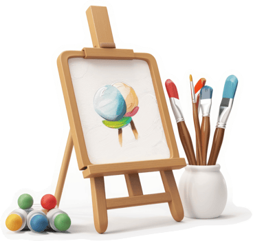 Wooden easel displays colorful ice cream artwork. png