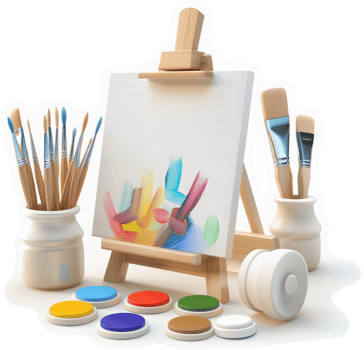 Colorful art arranged on a miniature easel. png