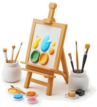 Colorful art supplies displayed on a wooden easel. png