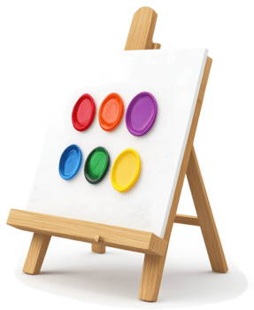 Colorful paint palettes displayed on a miniature wooden easel. png