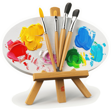 Colorful paintbrushes and palette on a small wooden easel png