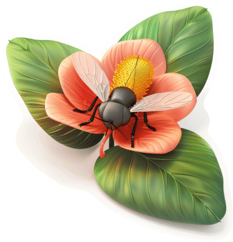 Detailed illustration of a bee pollinating a peach-colored flower. png