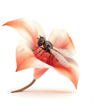 A detailed illustration of a fly on a coral-colored flower. png