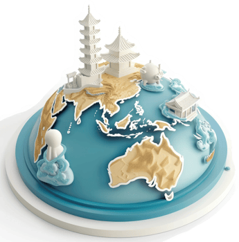 Global Asian landmarks depicted on a stylized world map. png