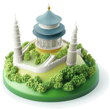 A miniature, stylized depiction of an Asian temple on a grassy hill. png