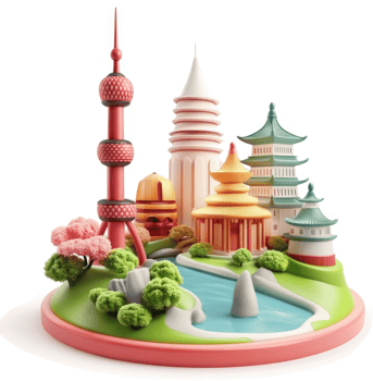 A stylized miniature cityscape of oriental architecture. png