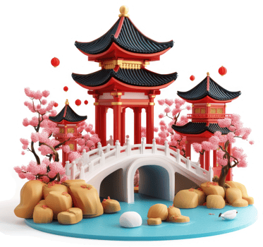 A stylized asian temple complex with a bridge and cherry blossoms. png
