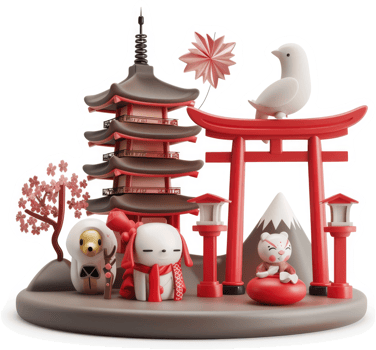 Japanese-themed figurine, depicting a pagoda, torii gate, and whimsical characters. png