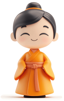 Smiling, orange-robed anime girl figurine. png