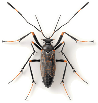 Detailed view of a black and orange insect with long legs. png