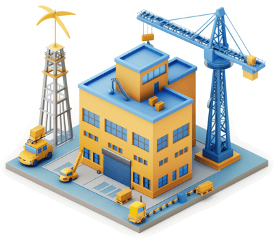 Industrial complex under construction with a crane. png