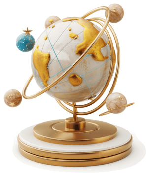 Ornate, gold-accented globe model of the solar system. png