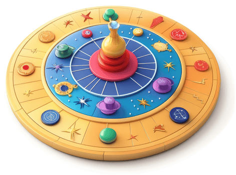 Colorful circular game board with spinning top. png
