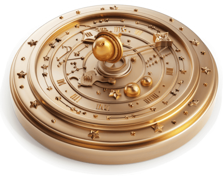 Ornate, golden celestial clock illustrating planetary motion. png