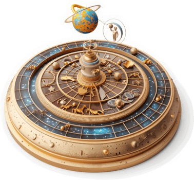 Celestial clockwork depicting zodiac signs and planetary orbits. png