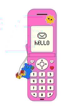 Retro flip-up pink phone decorated with stickers and keychains brings nostalgic charm to any setting, showcasing its playful design and retro technology vector
