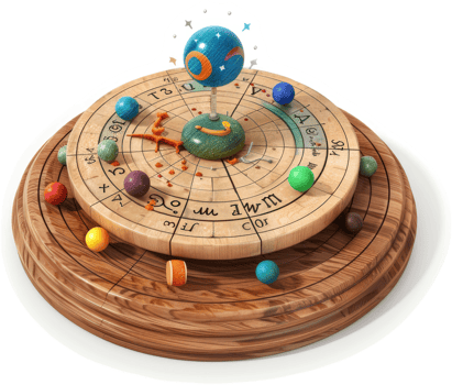 Ornate wooden celestial sphere depicting planetary positions. png