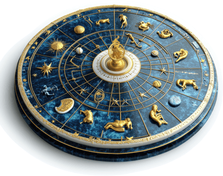 Ornate celestial chart depicting the zodiac signs. png