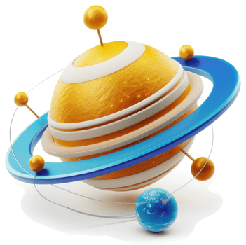 Orbiting golden planet with a vibrant blue ring. png