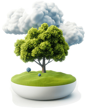 Verdant tree in a miniature grassy bowl, with puffy clouds overhead. png