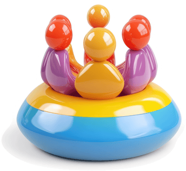 Colorful plastic figures in a group discussion on a vibrant circular base. png