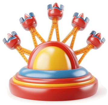 Colorful amusement park ride structure, radiating towers. png