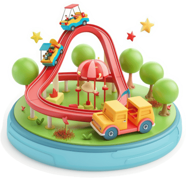 Colorful miniature amusement park with winding roller coaster. png