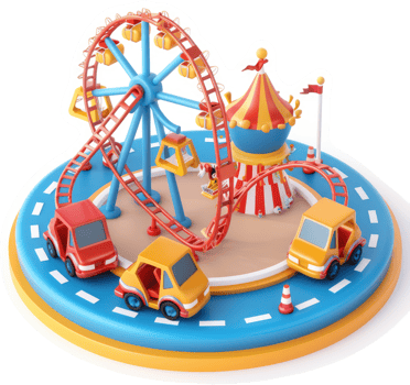 Colorful amusement park scene with rides and vehicles. png